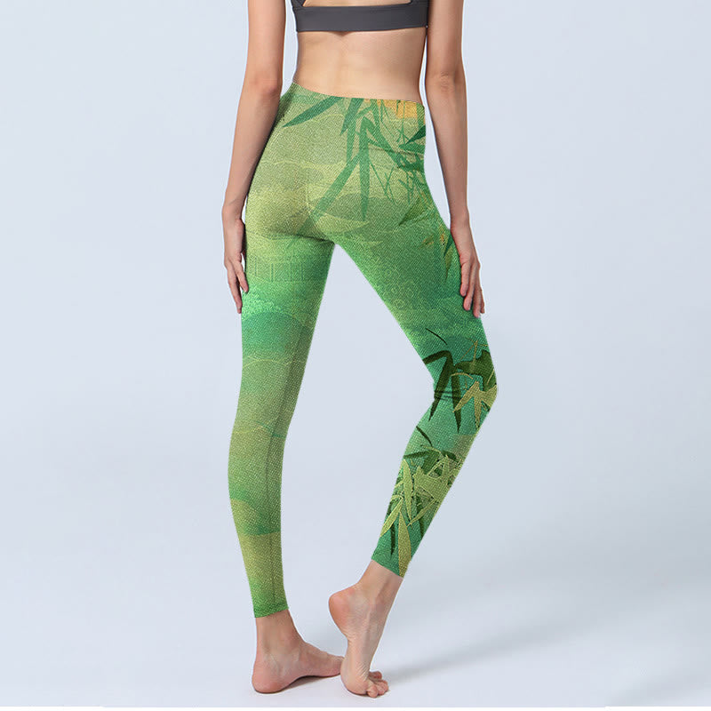 Leggings de yoga para mujer con estampado de pabellón de bambú verde y Buddha Stones - image 5