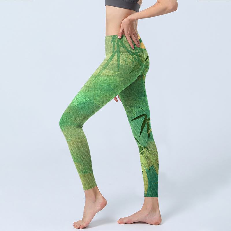 Leggings de yoga para mujer con estampado de pabellón de bambú verde y Buddha Stones - image 4