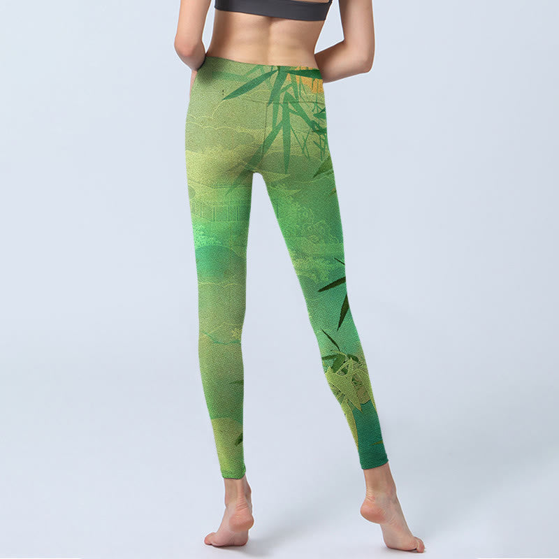 Leggings de yoga para mujer con estampado de pabellón de bambú verde y Buddha Stones - image 6
