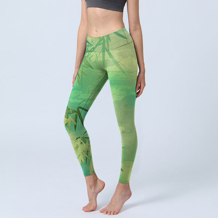 Leggings de yoga para mujer con estampado de pabellón de bambú verde y Buddha Stones - Verde pálido - US18，UK/AU22，EU50 (4XL) - image 1