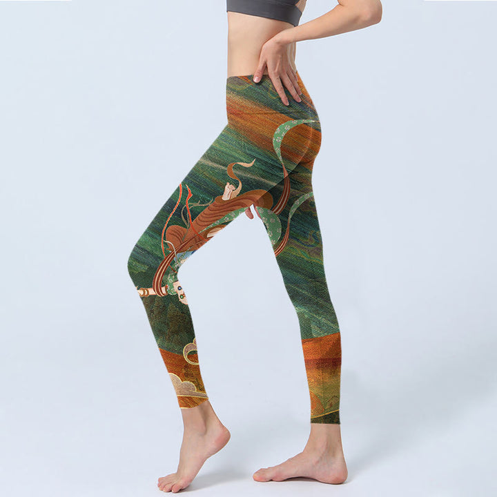 Pantalones de yoga para mujer con estampado de apsaras voladoras de Dunhuang y Buddha Stones - image 3