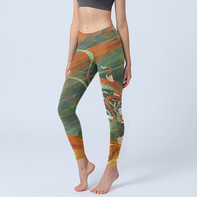 Pantalones de yoga para mujer con estampado de apsaras voladoras de Dunhuang y Buddha Stones - Verde oliva - US18，UK/AU22，EU50 (4XL) - image 0