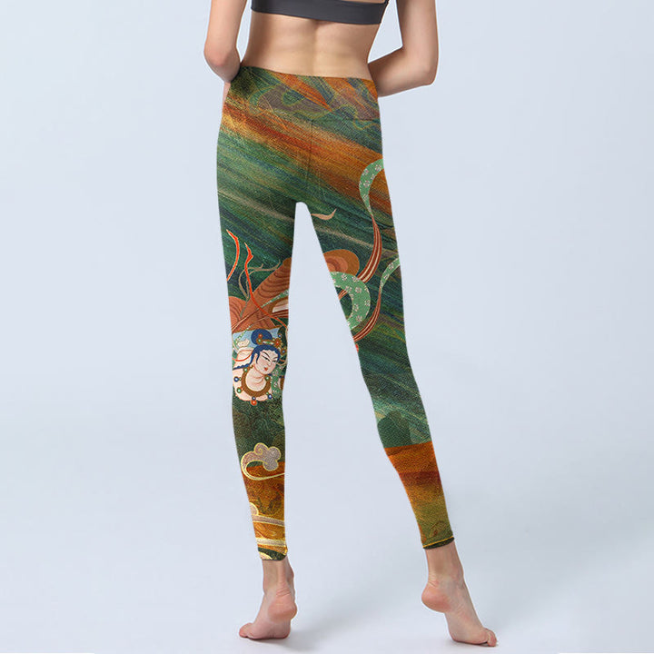 Pantalones de yoga para mujer con estampado de apsaras voladoras de Dunhuang y Buddha Stones - image 7