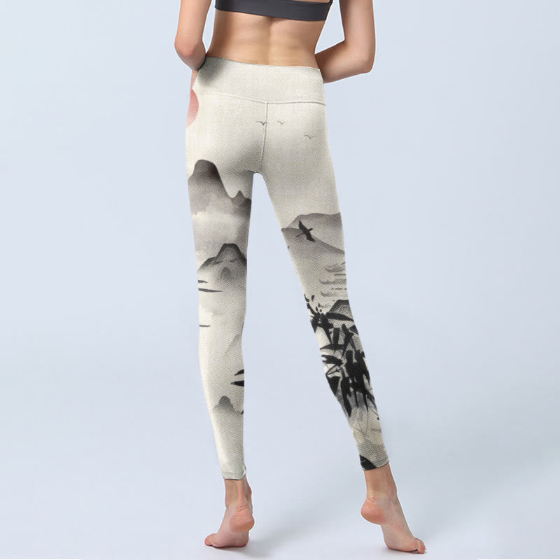 Leggings de yoga para mujer con estampado de montañas de bambú y tinta de Buddha Stones - image 7