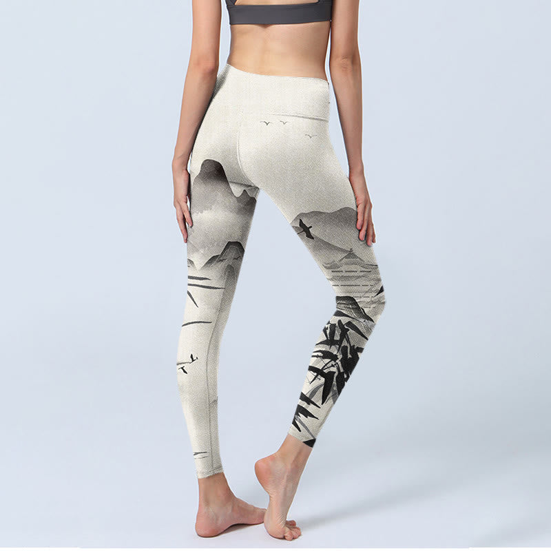 Leggings de yoga para mujer con estampado de montañas de bambú y tinta de Buddha Stones - image 4