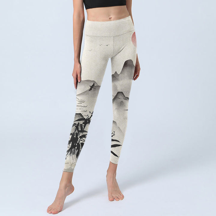 Leggings de yoga para mujer con estampado de montañas de bambú y tinta de Buddha Stones - image 5