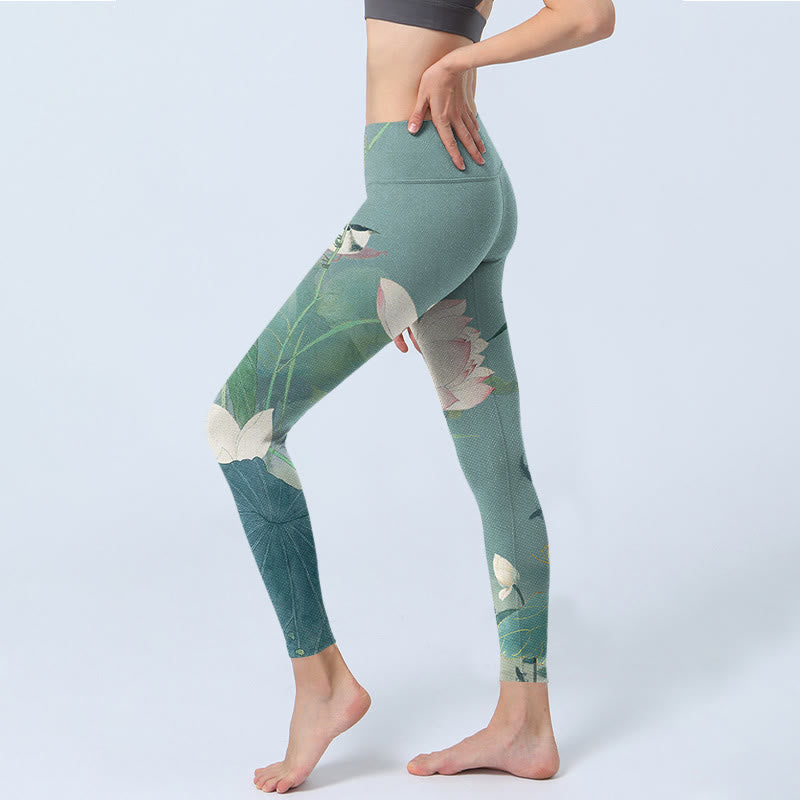 Leggings de yoga para mujer con estampado de pájaros, hojas de loto y piedras de Buddha Stones - image 3