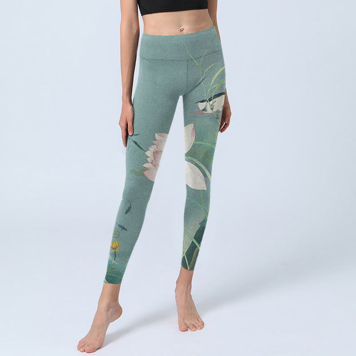 Leggings de yoga para mujer con estampado de pájaros, hojas de loto y piedras de Buddha Stones - image 6