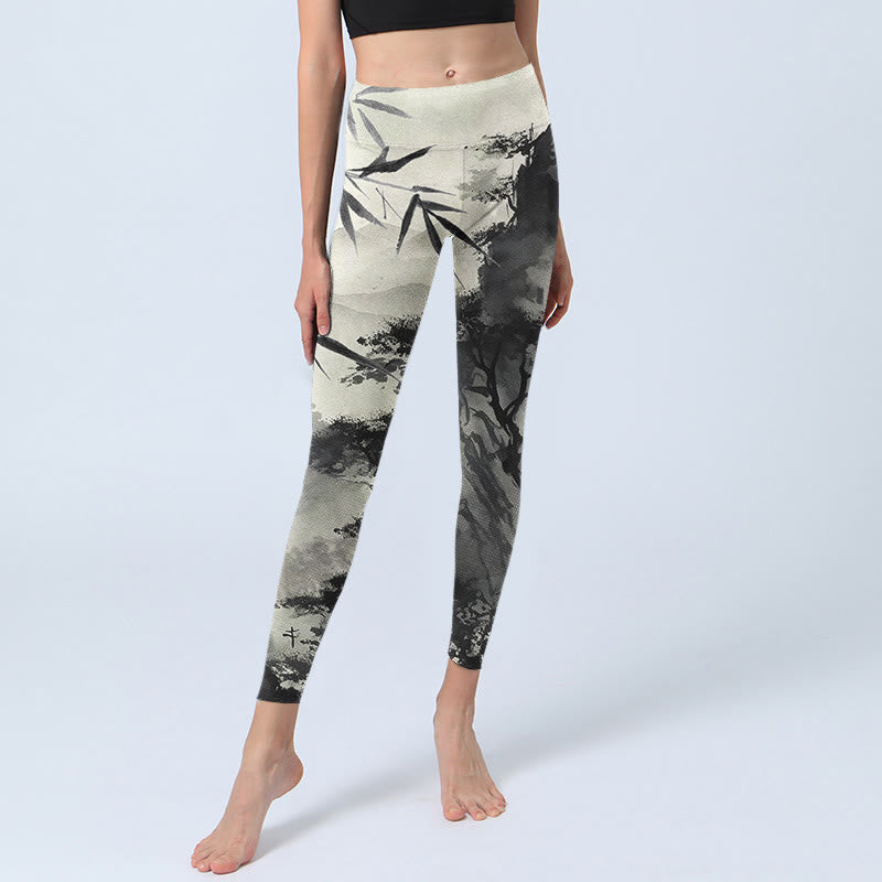 Leggings de yoga para mujer con estampado de montañas de pino, bambú y tinta de Buddha Stones - image 6