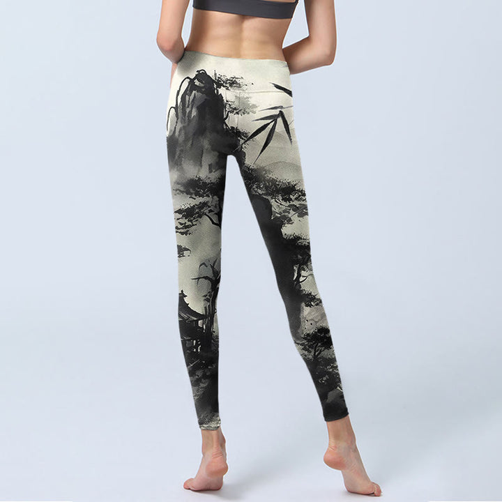 Leggings de yoga para mujer con estampado de montañas de pino, bambú y tinta de Buddha Stones - image 6