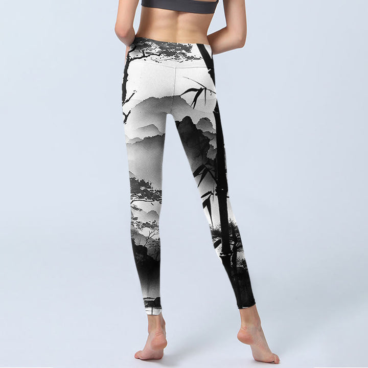Leggings de yoga para mujer con estampado de paisaje de montaña, pino y bambú, con pintura en tinta y Buddha Stones - image 6