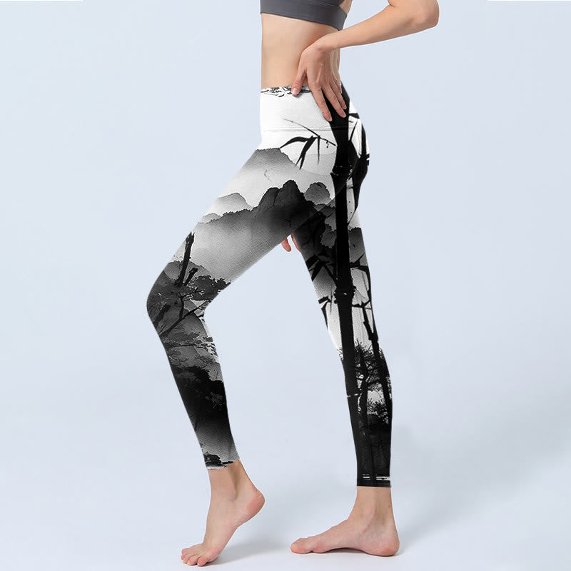 Leggings de yoga para mujer con estampado de paisaje de montaña, pino y bambú, con pintura en tinta y Buddha Stones - image 2