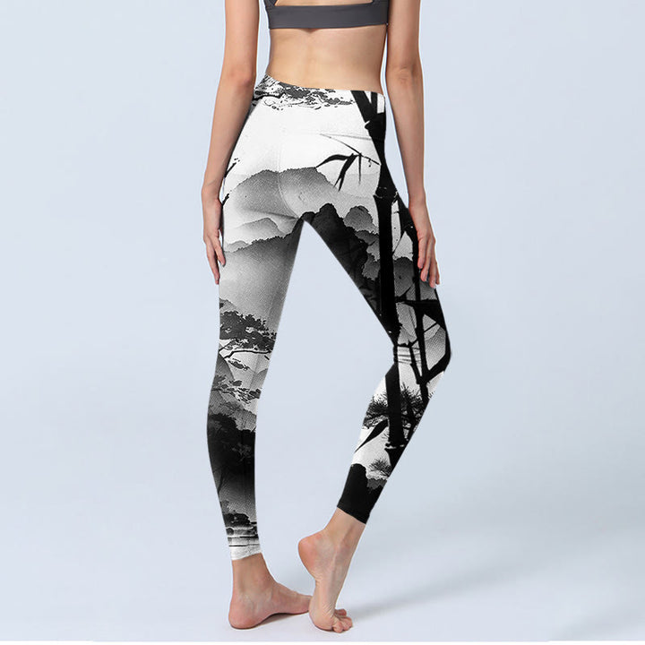 Leggings de yoga para mujer con estampado de paisaje de montaña, pino y bambú, con pintura en tinta y Buddha Stones - image 4