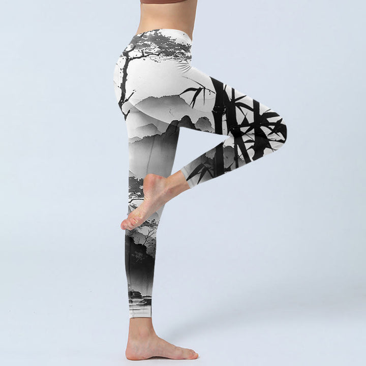 Leggings de yoga para mujer con estampado de paisaje de montaña, pino y bambú, con pintura en tinta y Buddha Stones - image 4