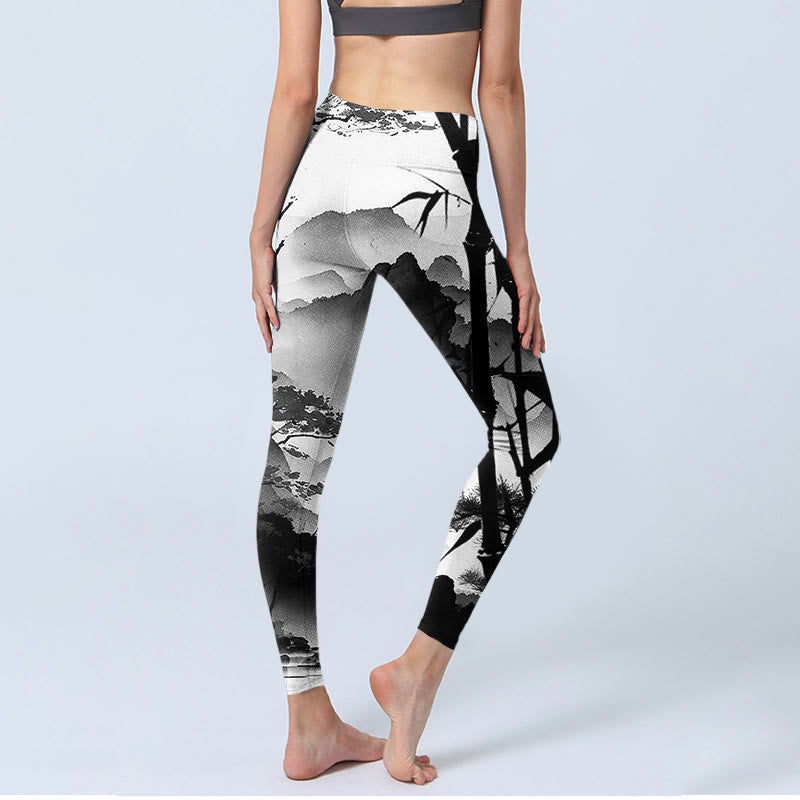 Leggings de yoga para mujer con estampado de paisaje de montaña, pino y bambú, con pintura en tinta y Buddha Stones - image 5