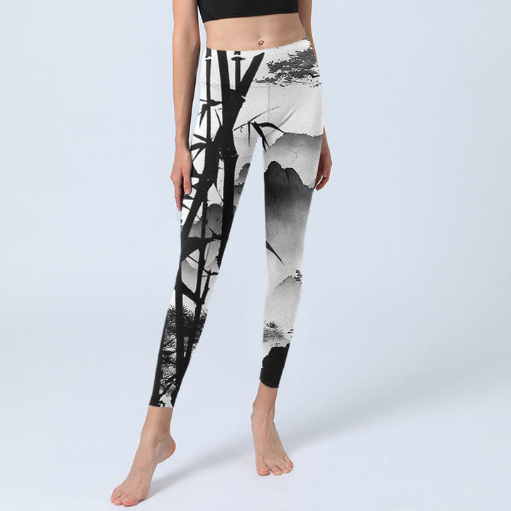 Leggings de yoga para mujer con estampado de paisaje de montaña, pino y bambú, con pintura en tinta y Buddha Stones - image 5