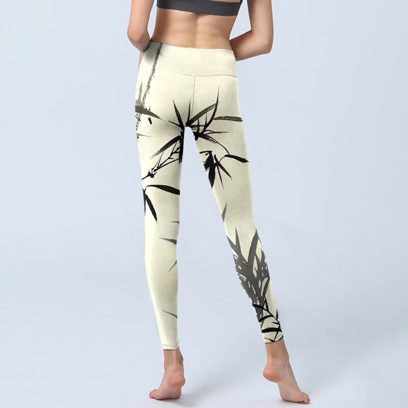 Leggings deportivos con estampado de hojas de bambú y pintura en tinta con Buddha Stones para mujer - image 7