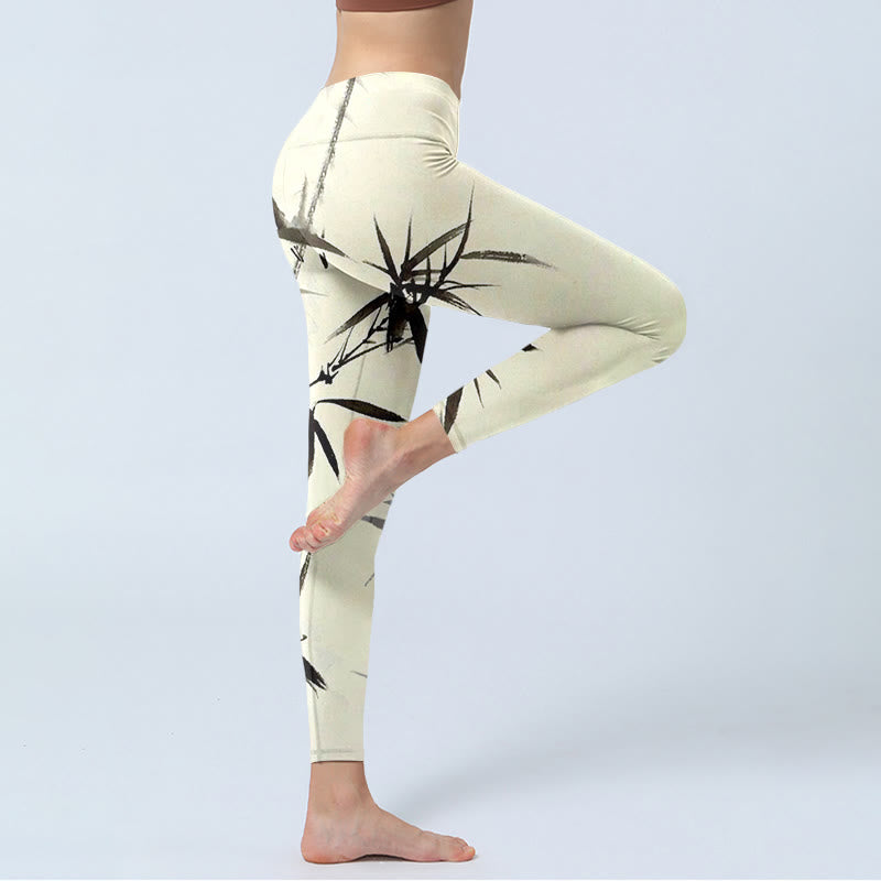 Leggings deportivos con estampado de hojas de bambú y pintura en tinta con Buddha Stones para mujer - image 3