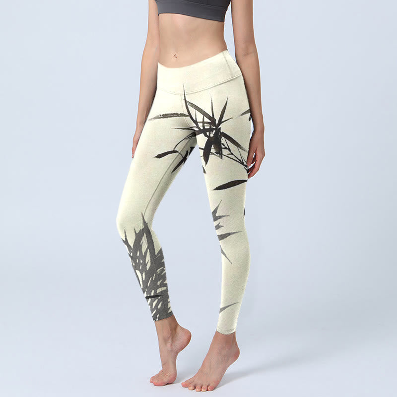 Leggings deportivos con estampado de hojas de bambú y pintura en tinta con Buddha Stones para mujer - Barba de maíz - US18，UK/AU22，EU50 (4XL) - image 1