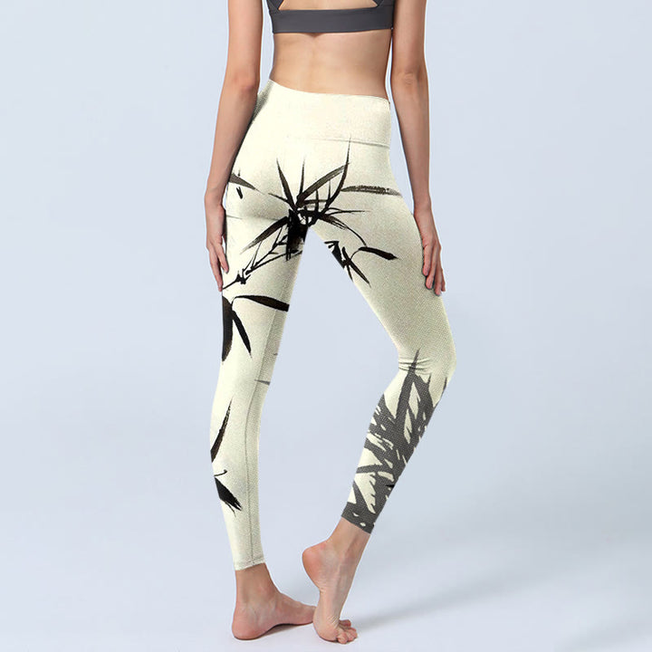 Leggings deportivos con estampado de hojas de bambú y pintura en tinta con Buddha Stones para mujer - image 5