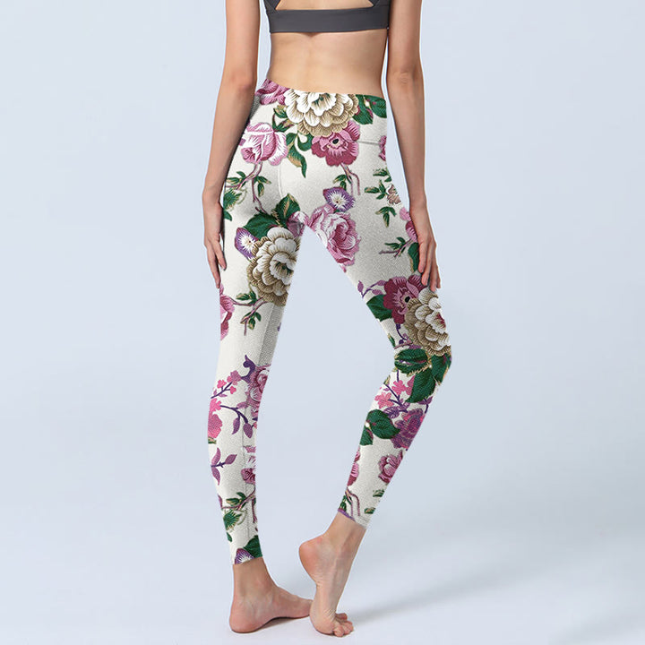 Leggings deportivos con estampado de flores de peonía en blanco y rojo y Buddha Stones para mujer - image 5