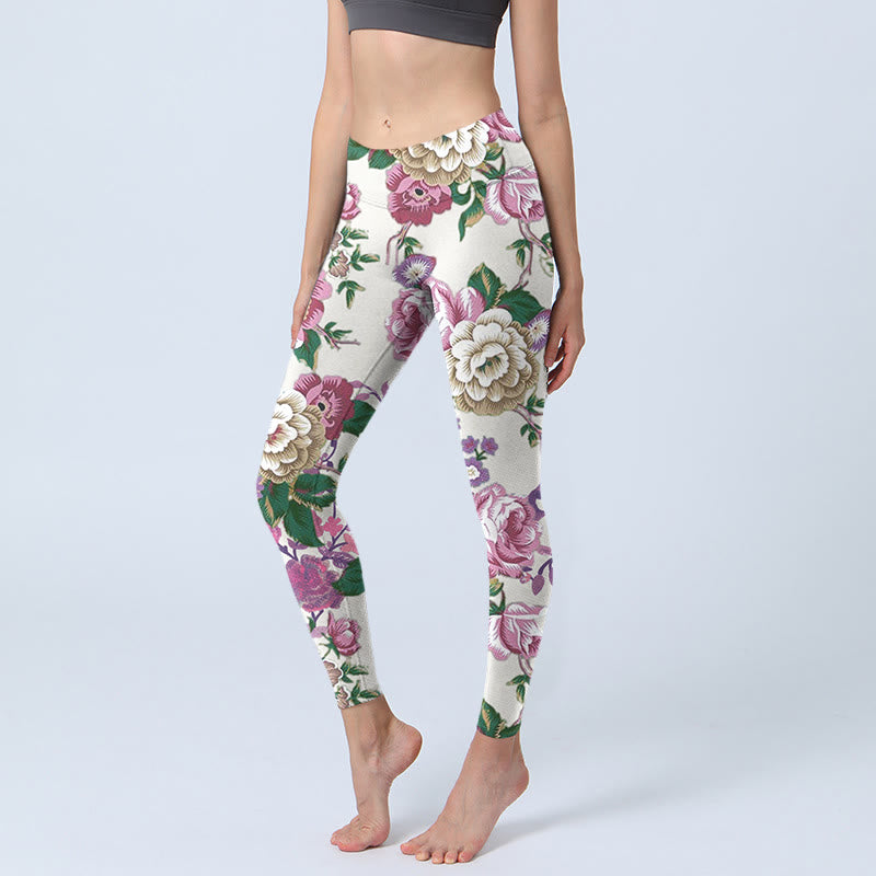 Leggings deportivos con estampado de flores de peonía en blanco y rojo y Buddha Stones para mujer - Concha - US18，UK/AU22，EU50 (4XL) - image 1