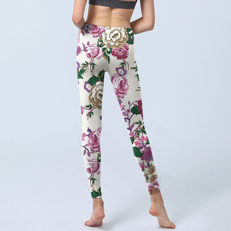 Leggings deportivos con estampado de flores de peonía en blanco y rojo y Buddha Stones para mujer - image 7