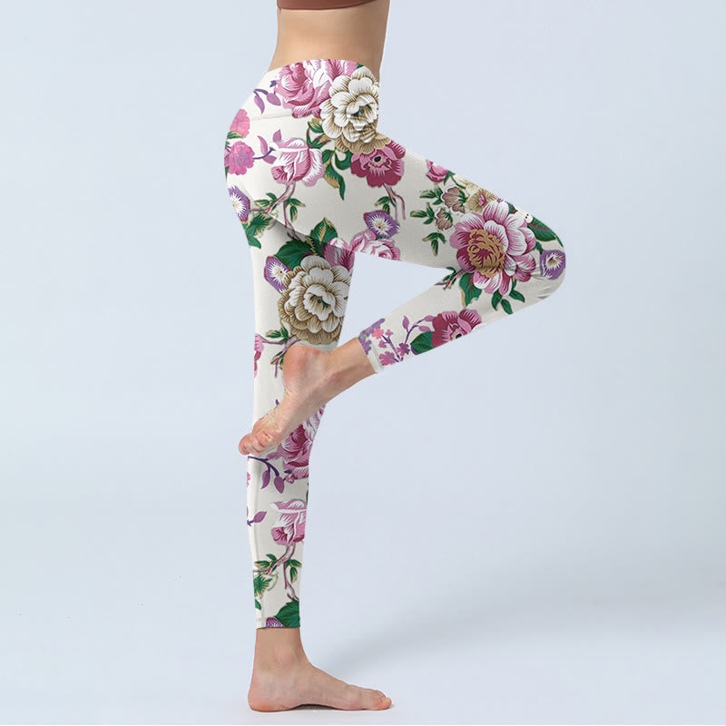 Leggings deportivos con estampado de flores de peonía en blanco y rojo y Buddha Stones para mujer - image 4