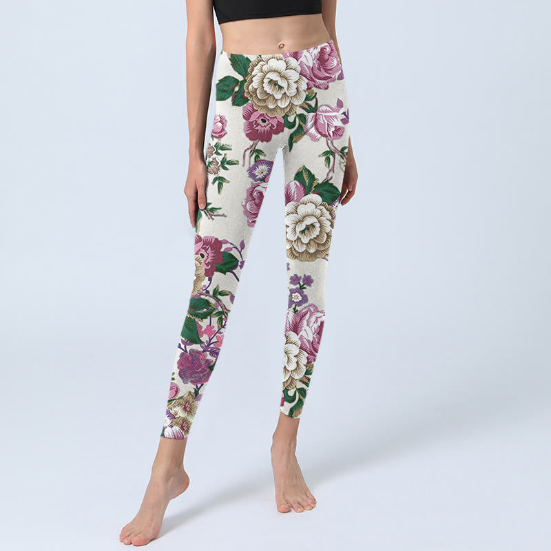 Leggings deportivos con estampado de flores de peonía en blanco y rojo y Buddha Stones para mujer - image 6