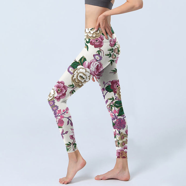 Leggings deportivos con estampado de flores de peonía en blanco y rojo y Buddha Stones para mujer - image 3