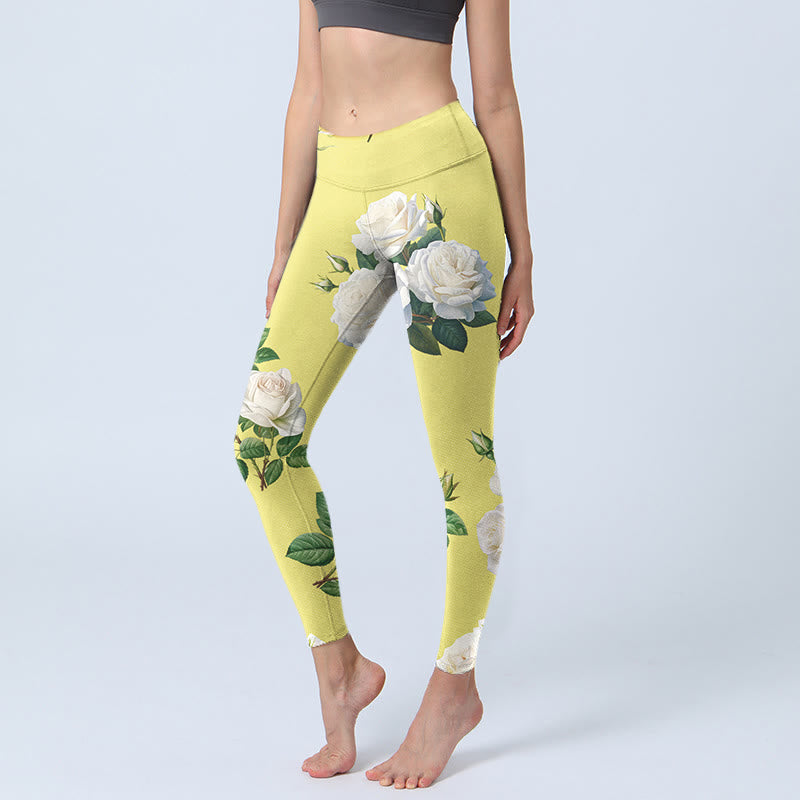 Leggings deportivos con estampado de rosas blancas y amarillas y Buddha Stones para mujer - Amarillo - US18，UK/AU22，EU50 (4XL) - image 1