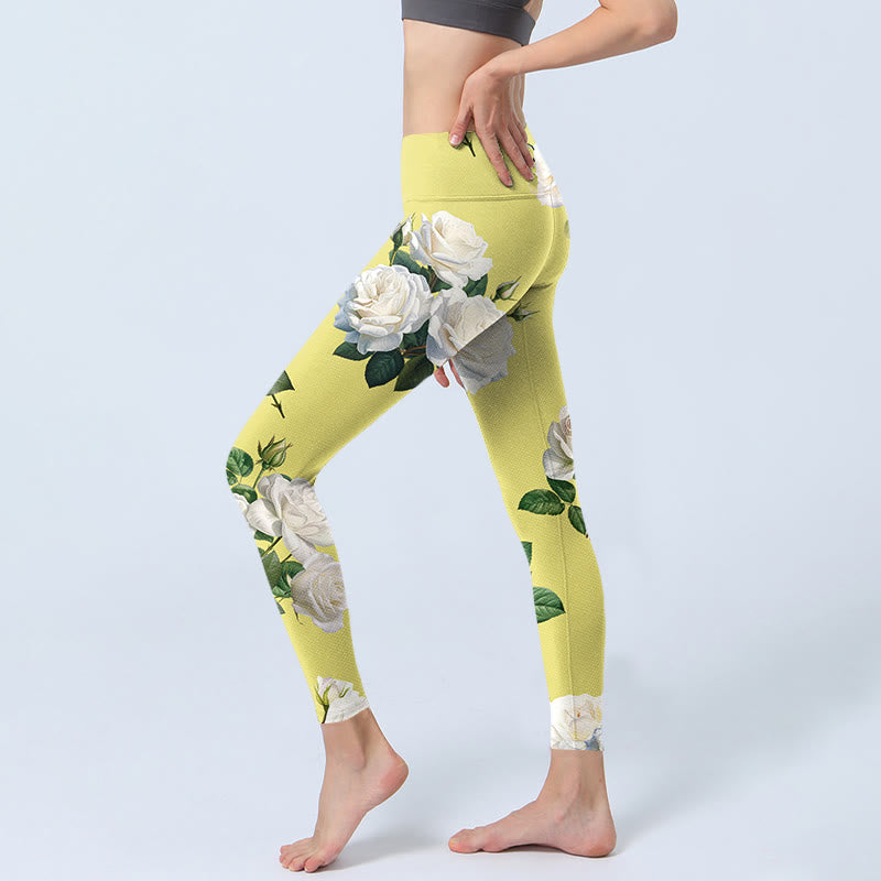 Leggings deportivos con estampado de rosas blancas y amarillas y Buddha Stones para mujer - image 3