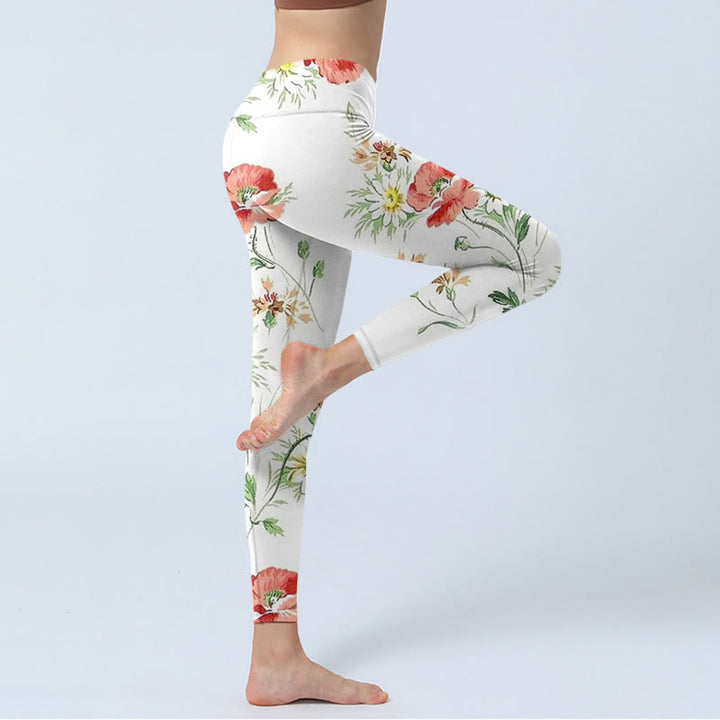 Leggings deportivos con estampado de flores rojas y margaritas blancas y Buddha Stones para mujer - image 4