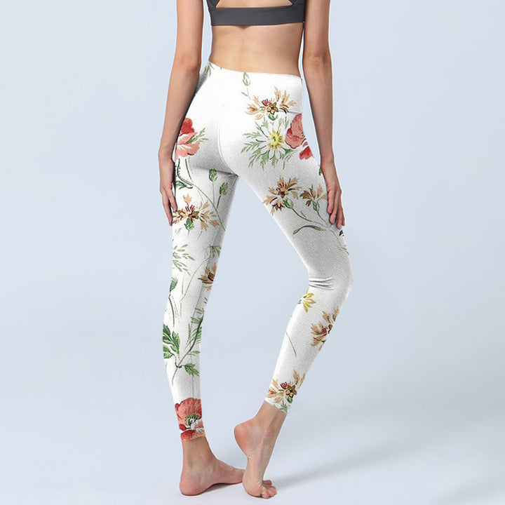Leggings deportivos con estampado de flores rojas y margaritas blancas y Buddha Stones para mujer - image 4