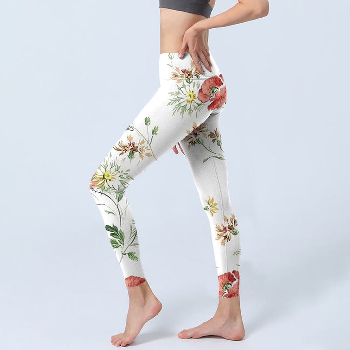 Leggings deportivos con estampado de flores rojas y margaritas blancas y Buddha Stones para mujer - image 3
