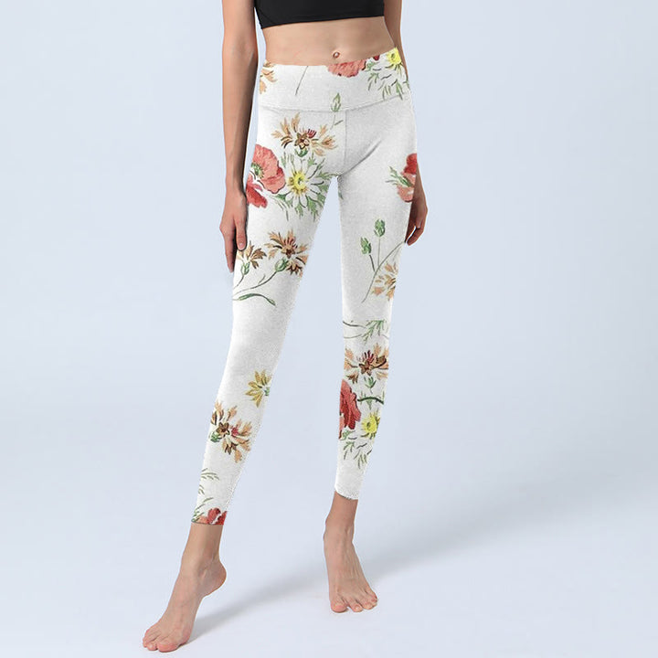 Leggings deportivos con estampado de flores rojas y margaritas blancas y Buddha Stones para mujer - image 6