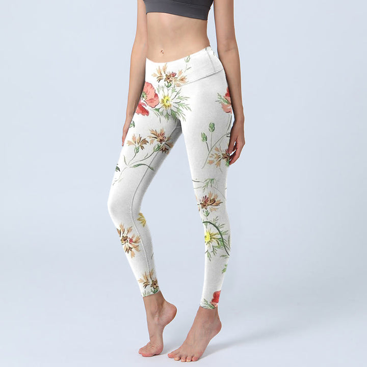 Leggings deportivos con estampado de flores rojas y margaritas blancas y Buddha Stones para mujer - Marfil - US18，UK/AU22，EU50 (4XL) - image 1