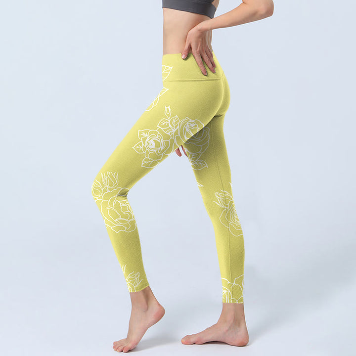 Leggings de fitness con estampado de rosas amarillas y Buddha Stones para mujer - image 3