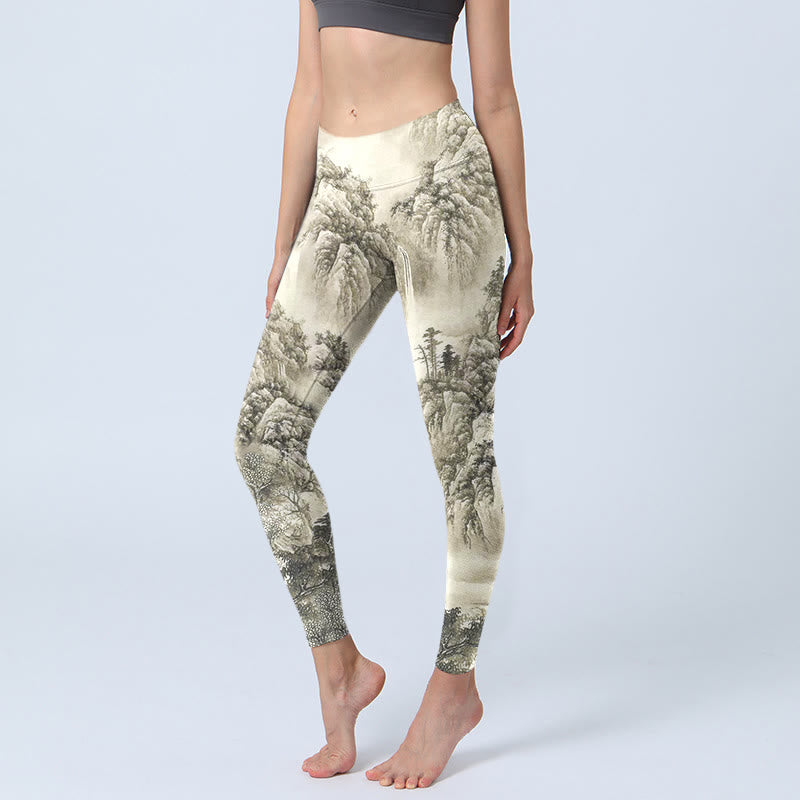 Leggings deportivos con estampado de paisaje de río, árbol, montaña y piedras de Buddha Stones , pantalones de yoga para mujer - Beige - US18，UK/AU22，EU50 (4XL) - image 1