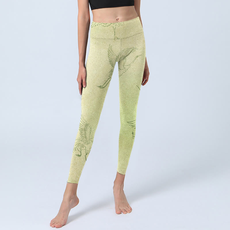 Leggings deportivos con estampado de grullas de color amarillo claro y Buddha Stones para mujer - image 6