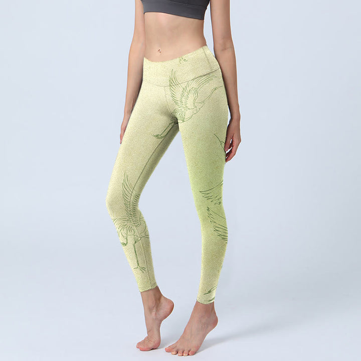 Leggings deportivos con estampado de grullas de color amarillo claro y Buddha Stones para mujer - Amarillo claro - US18，UK/AU22，EU50 (4XL) - image 1
