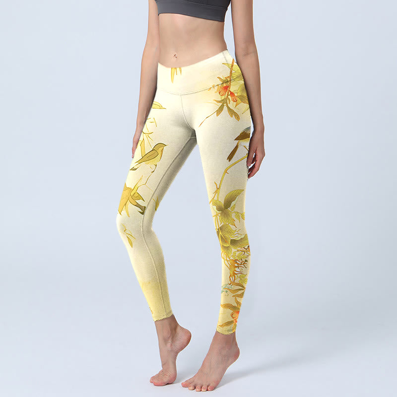 Leggings deportivos con estampado de pájaros, flores y peonías de color amarillo claro y Buddha Stones para mujer - Amarillo claro - US18，UK/AU22，EU50 (4XL) - image 1