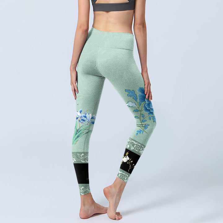 Leggings deportivos con estampado de mariposas, peonías, azules y verdes menta y Buddha Stones para mujer - image 5