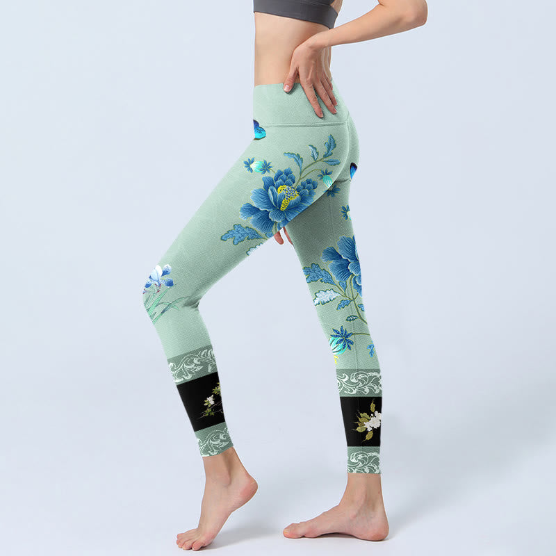 Leggings deportivos con estampado de mariposas, peonías, azules y verdes menta y Buddha Stones para mujer - image 3