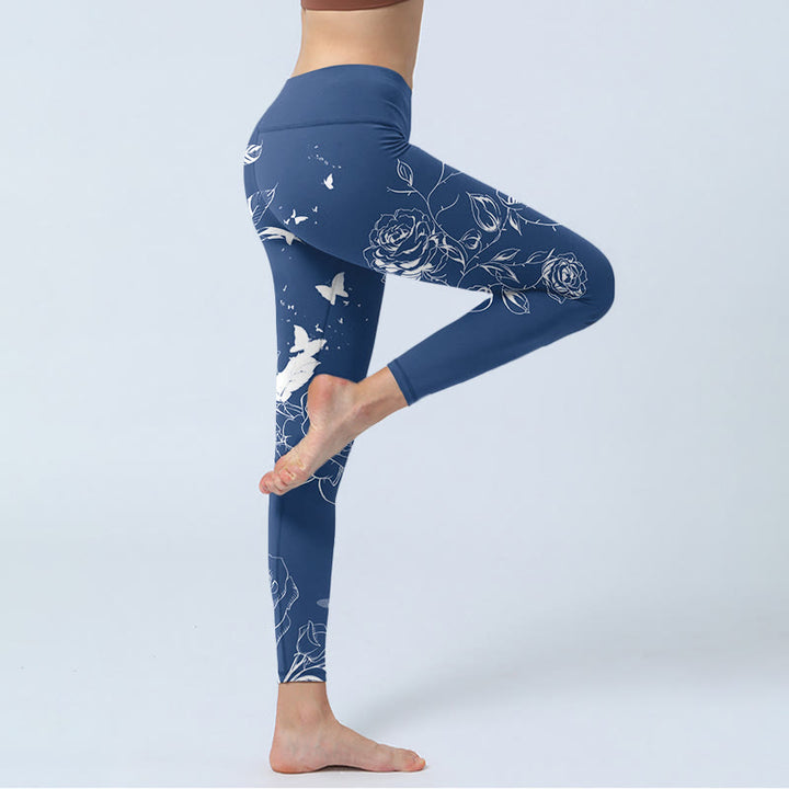 Leggings deportivos con estampado de mariposas y rosas azules y Buddha Stones para mujer - image 5