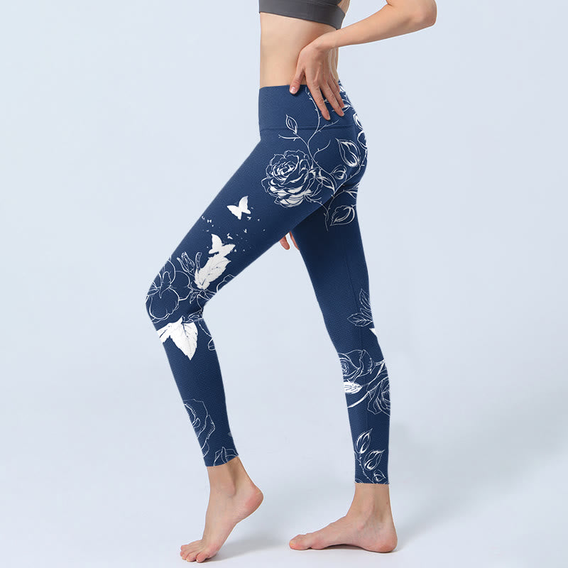 Leggings deportivos con estampado de mariposas y rosas azules y Buddha Stones para mujer - image 4