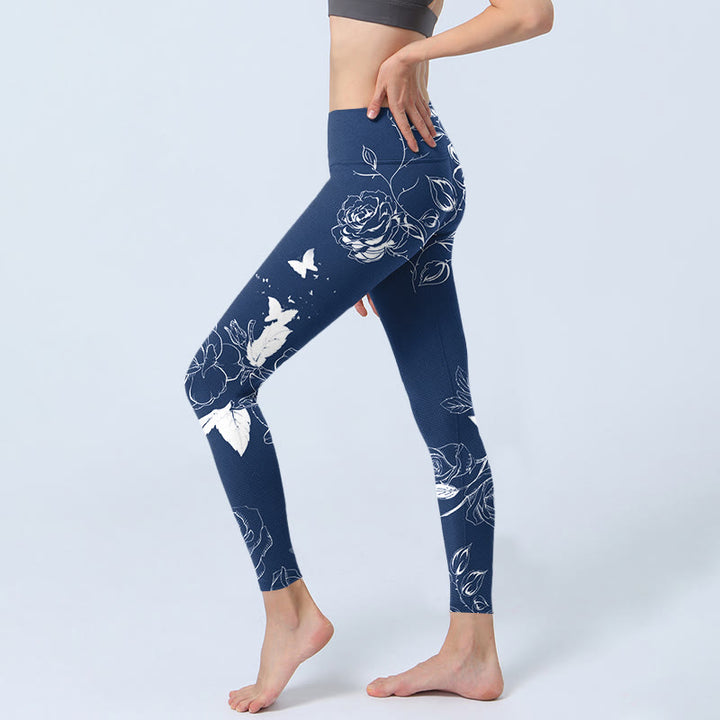 Leggings deportivos con estampado de mariposas y rosas azules y Buddha Stones para mujer - image 4