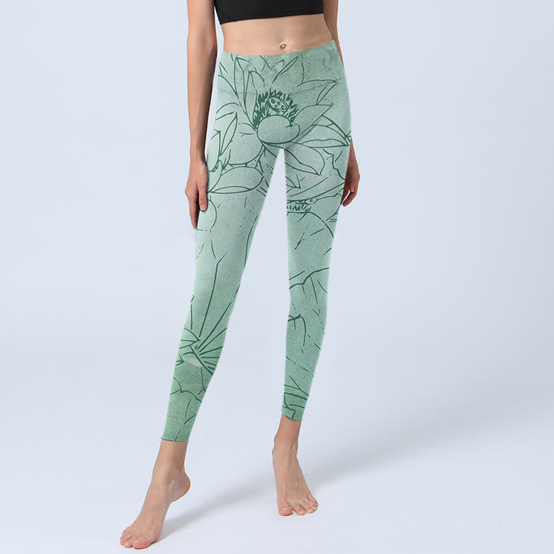 Leggings deportivos con estampado de flores de loto verde y Buddha Stones para mujer - image 5