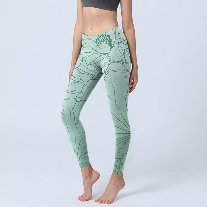 Leggings deportivos con estampado de flores de loto verde y Buddha Stones para mujer - Verde mar oscuro - US18，UK/AU22，EU50 (4XL) - image 0