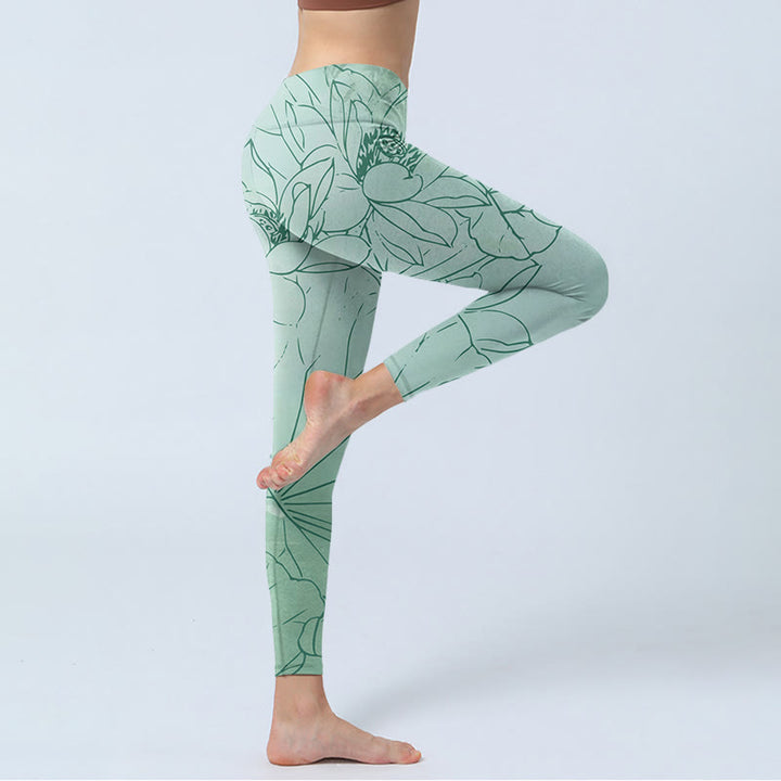 Leggings deportivos con estampado de flores de loto verde y Buddha Stones para mujer - image 3